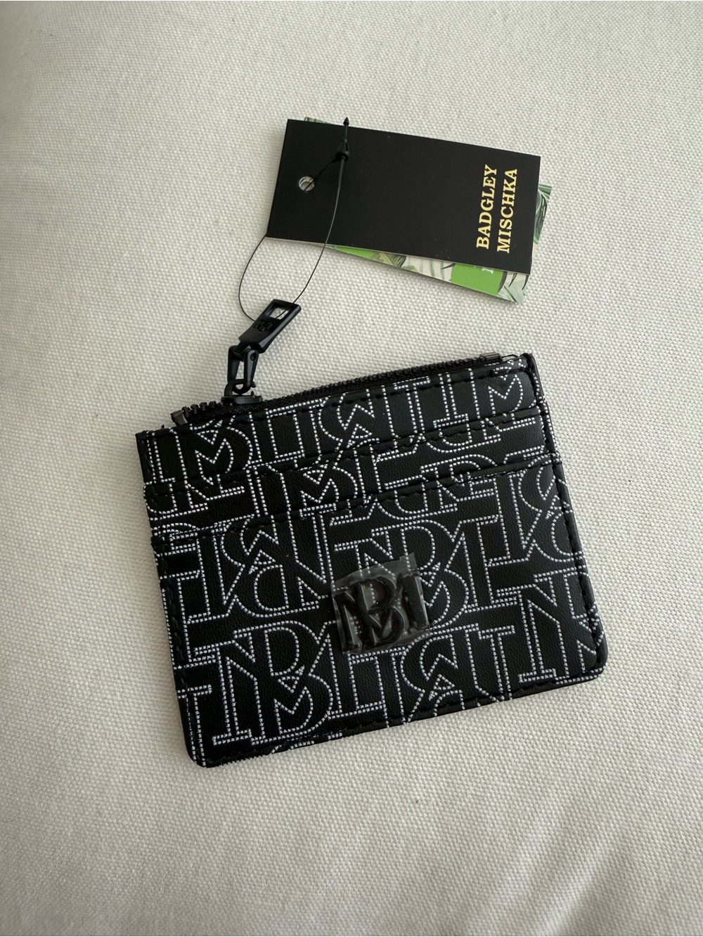 Badgley Mischka Black Monogram Zip Card Case with Logo Plate